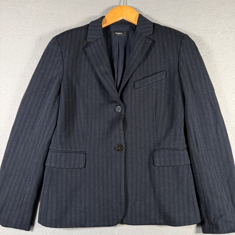 Theory Navy Pinstripe Cl Shrunken Blazer Jacket 2 J0726108 Women Professional